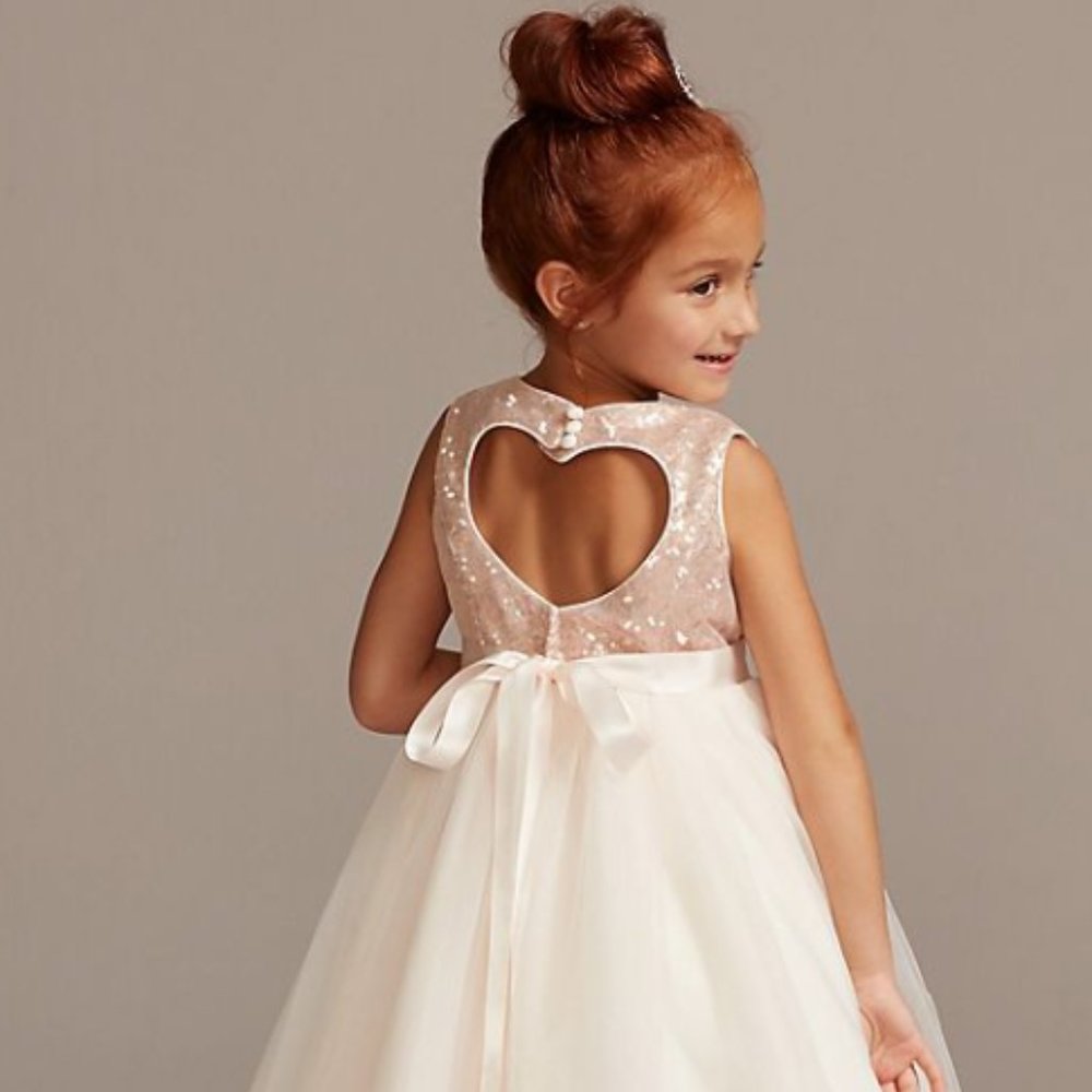 DAVID'S BRIDAL GIRLS SIZE 14 Heart Back Sequin and Tulle Flower Girl Gown